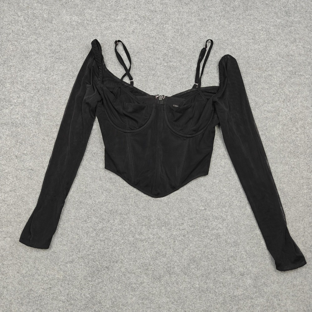 White Fox‎ Bodysuit Womens Small Black Long Sleeve Off Shoulder Corset Zip